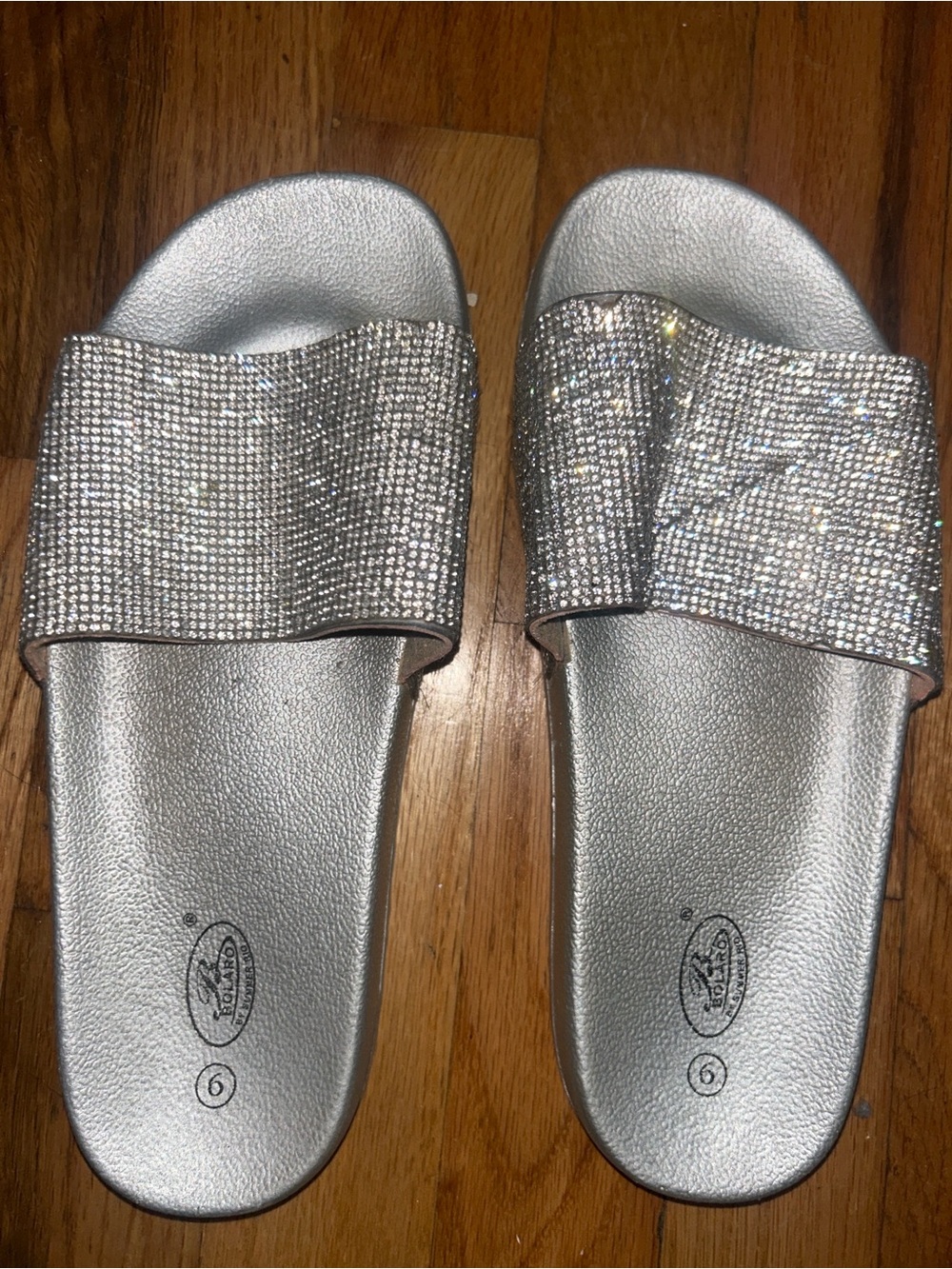 Silver Crystal Slide Sandals - Women's